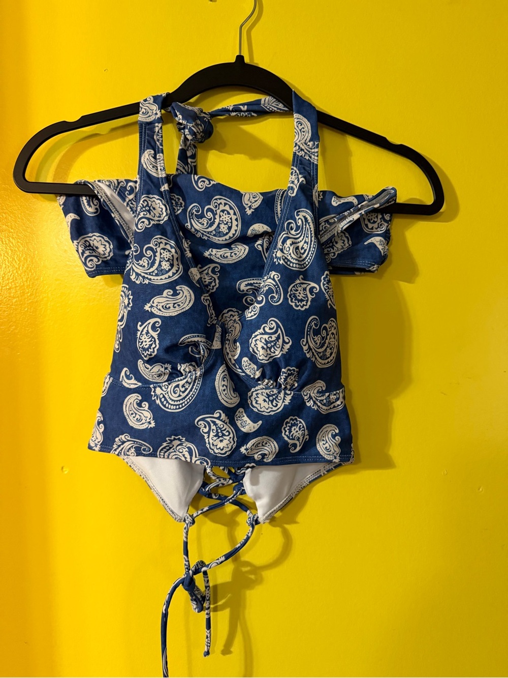 Women's Blue Paisley Halter Bikini Top with Tie-Back